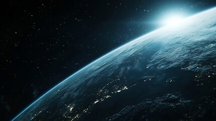 Obraz premium Earthrise view from space, sun rising over planet, showing city lights and clouds.