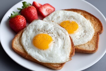 Fototapeta premium Twin fried eggs on white toast with strawberry on blue ceramic plate presented in clean table setting perfect for nutritious minimal breakfast content with modern high quality food styling