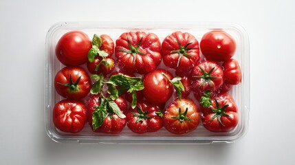 Neatly arranged red tomatoes in rectangular plastic tray on white surface