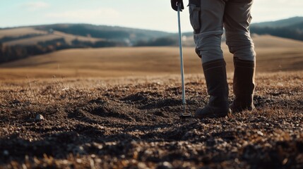 Surveyor inspecting land with measuring equipment. Featuring land surveying and construction planning