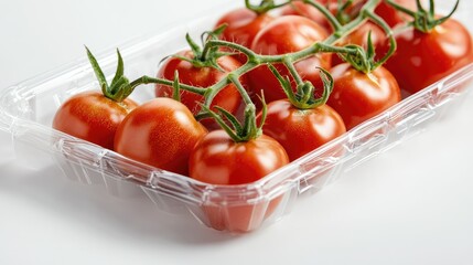 Red tomatoes with green stems in commercial tray packaging, white backdrop