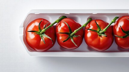 Red tomatoes with green stems in commercial tray packaging, white backdrop
