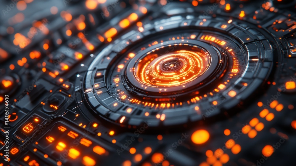 Aufkleber futuristic glowing concentric circles with orange lights, resembling a high-tech computer interface 