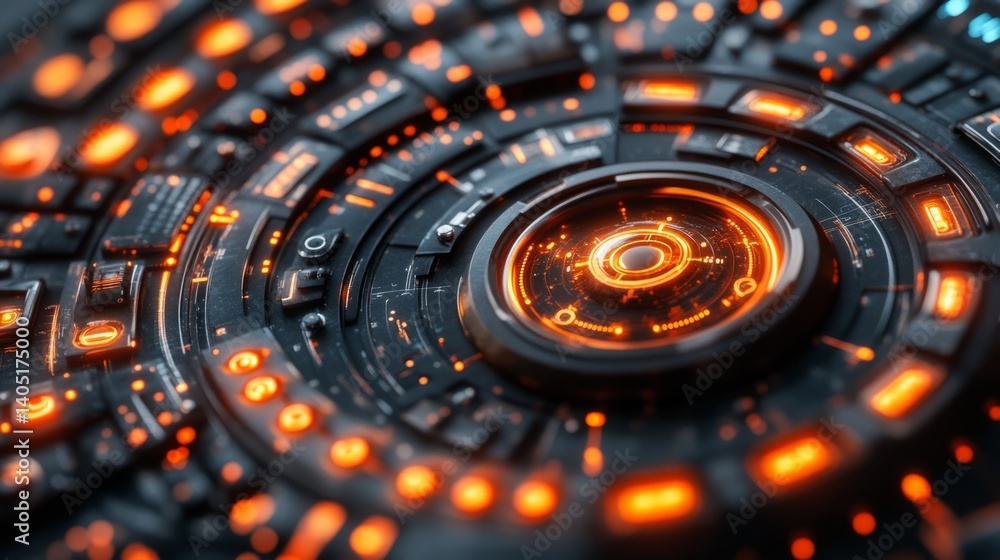 Poster futuristic glowing concentric circles with orange lights, resembling a high-tech computer interface 