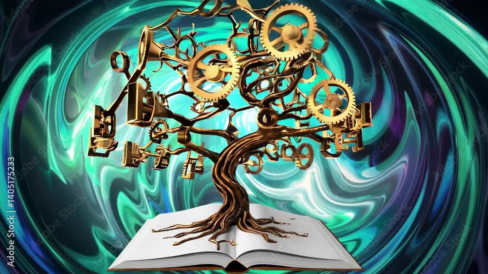Aufkleber Golden metallic tree with gears and keys growing from an open book with swirling background in shades of turquoise, green, and purple, symbolizing the growth of knowledge and innovation