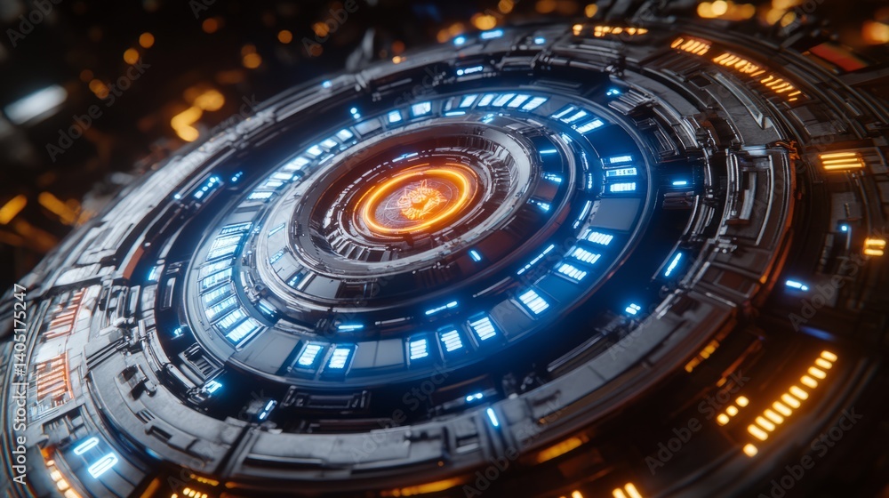 Aufkleber futuristic circular technology interface with glowing blue and orange elements in a dark setting