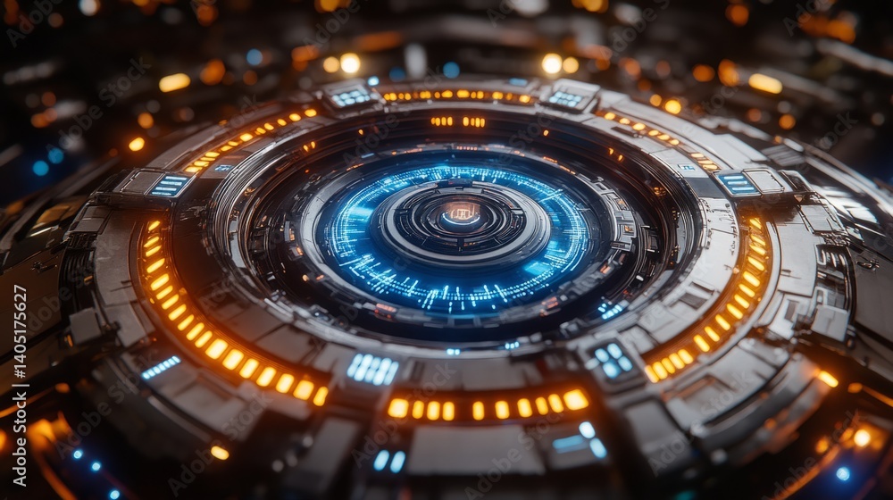 Poster futuristic circular technology interface with glowing blue and orange elements in a dark setting