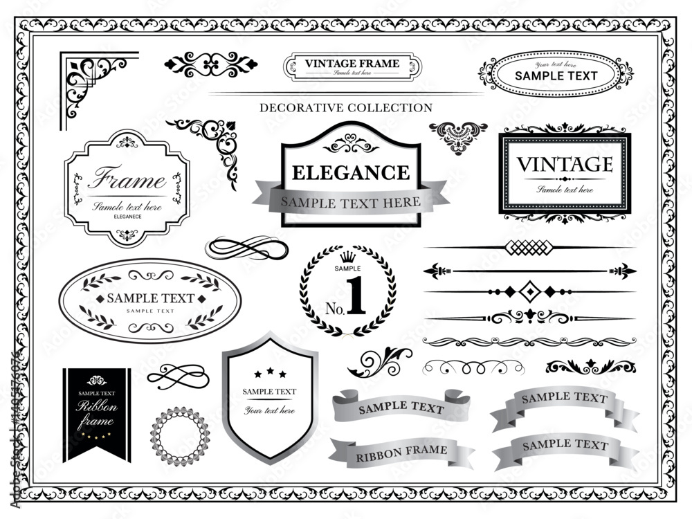 Poster labels and badges, retro ribbons. typography design elements. decorative vector frames and borders. 