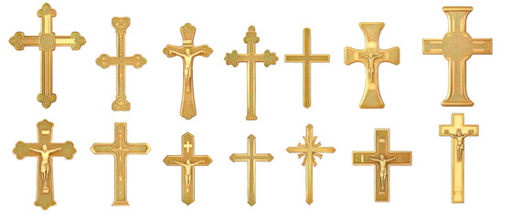 Set of golden Christian crosses isolated on transparent background