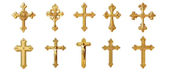 Set of golden Christian crosses isolated on transparent background