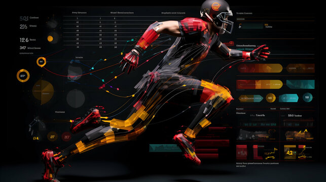 A powerful athlete bursts forward, a vibrant blur of motion and data, capturing the raw energy of a championship game in striking dark tones and bold graphic elements.