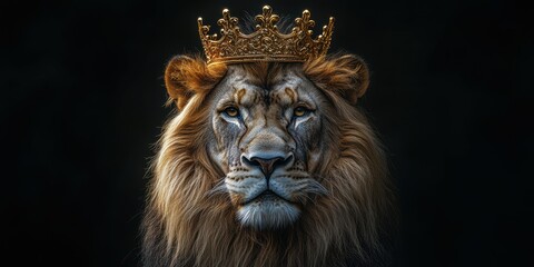 Naklejka premium Lion wearing a golden crown symbolizing strength and majesty in a striking visual composition