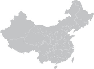 A vector EPS file showcasing the outline of China with its administrative regions. The regions are filled in shades of gray, and borders are defined by white lines. The minimalist design and transpare