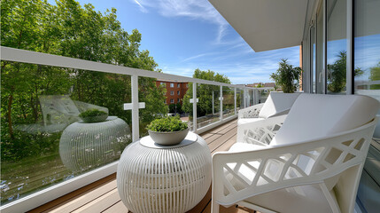 Obraz premium Moderne weiße Terrassengestaltung mit Rattanmöbeln und Blick ins Grüne