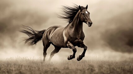 Majestic brown horse in full gallop across a field.