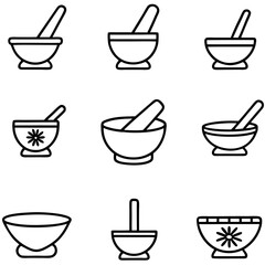 Set of Black and White Outline Mortar and Pestle Icons