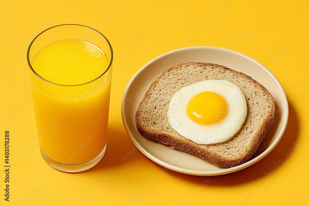 Poster fried egg on toast with glass of orange juice served on yellow backdrop in minimal flatlay breakfast