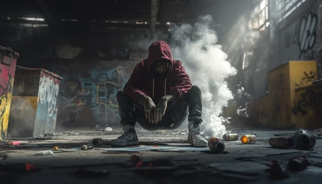 A hooded figure crouched in a derelict urban space.