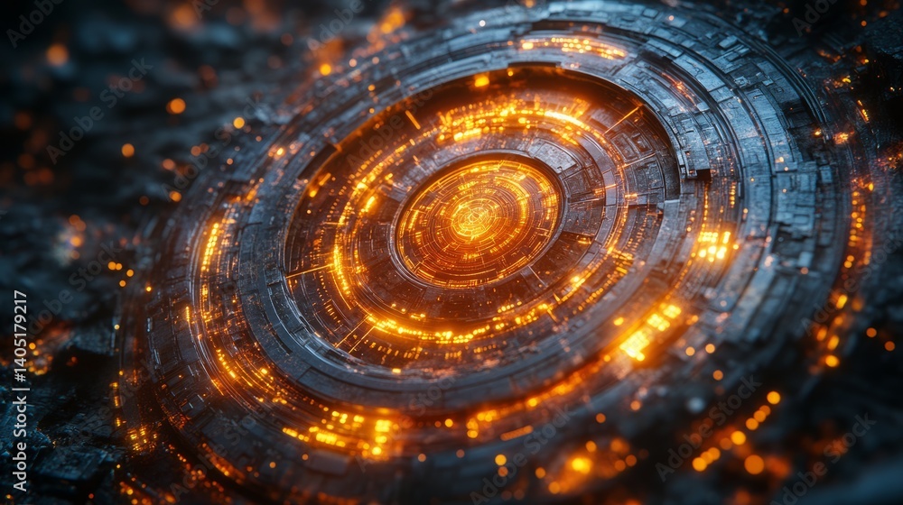 Poster futuristic glowing concentric circles with orange lights, resembling a high-tech computer interface 