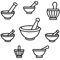 Set of Black and White Outline Mortar and Pestle Icons