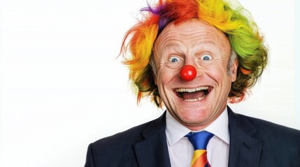 Cheerful clown performance circus venue portrait photography bright colors lively atmosphere joyful expression