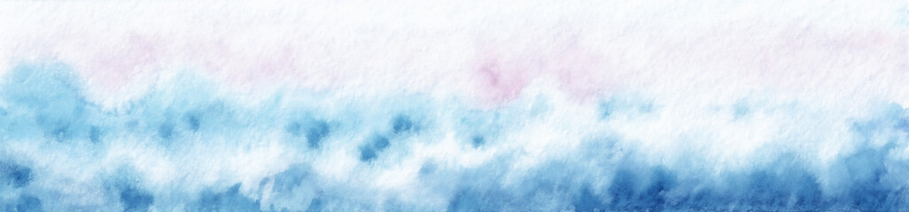 Blue and pink seascape. Big sea waves with splashes of water against the backdrop of the sky. Watercolor painting web site banner template on textured paper
