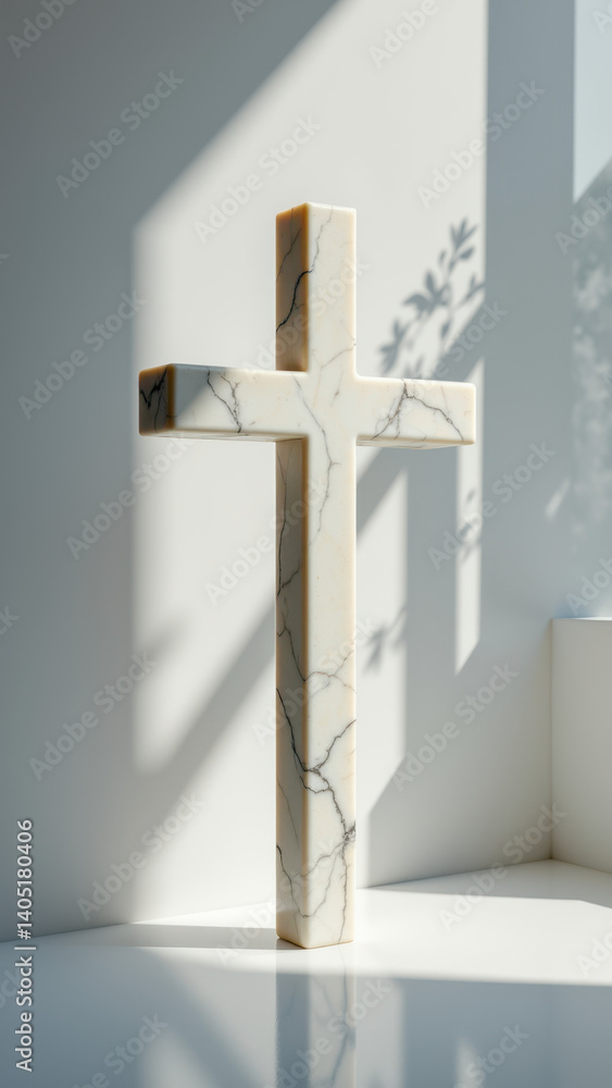 Poster a marble christian cross with a natural stone design and a subtle shadow cast on the wall behind it.