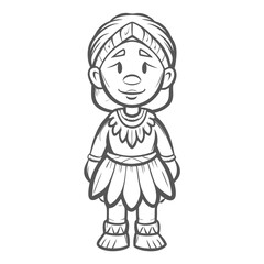 Cartoon Zulu Girl Illustration, Outline Style