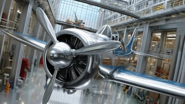 Silver Propeller Plane: A gleaming silver prop plane with blue accents hangs from the ceiling of a large glass-walled atrium, its propeller frozen in mid-spin.