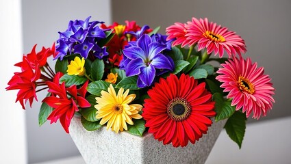 Colorful Azaleas, Draba, and Gerbera in Triangular Cement Pot