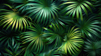 Obraz premium Lush green palm leaves create vibrant and tropical atmosphere, showcasing variety of textures and shades. This evokes sense of nature and tranquility, perfect for any botanical theme