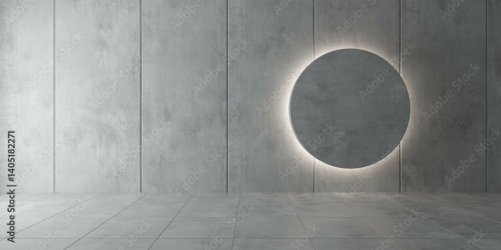 Poster abstract empty, modern concrete room wall with circular backlit design element and tiled floor - ind