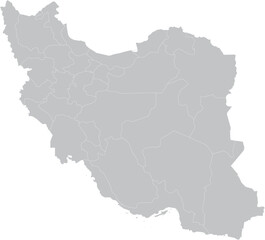 A vector EPS file depicting the outline of Iran with its administrative regions. The regions are filled in shades of gray, with borders defined by white lines. The minimalist design and transparent ba