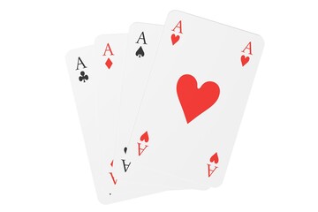 Four aces playing cards overlapping on white background, flat lay top view from above