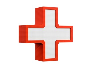 Red and white 3D pixelized voxel cross symbol, health or first aid concept, isolated on white background