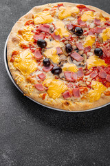 Pizza ham, mushrooms, olives, cheese appetizer vegetable dish fresh delicious gourmet food background on the table rustic food top view copy space