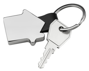 House key, keychain in shape of house, isolated on white background, full depth of field