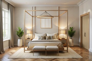 Serene Bedroom Interior: A meticulously designed bedroom interior, featuring a grand four-poster bed, accented with elegant decor. The room exudes comfort and tranquility. 