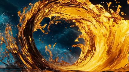 Dynamic wave of golden liquid surging in ocean artistic photography dramatic environment high perspective