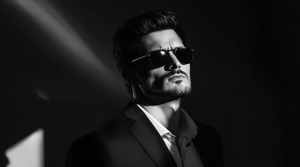 Luxury professional look, man in black suit with sharp shadows, emerging from dark ambiance