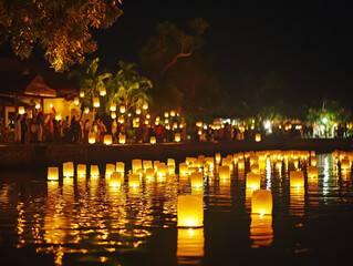 A serene riverside scene illuminated by hundreds of lanterns