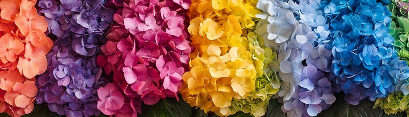 Fototapeta premium Colorful hydrangeas in a row, used in home decor, floral background, texture