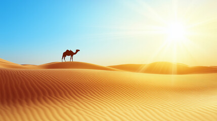 Naklejka premium Golden sand dunes under blue sky with distant camel silhouette, conveying solitude and vast desert beauty