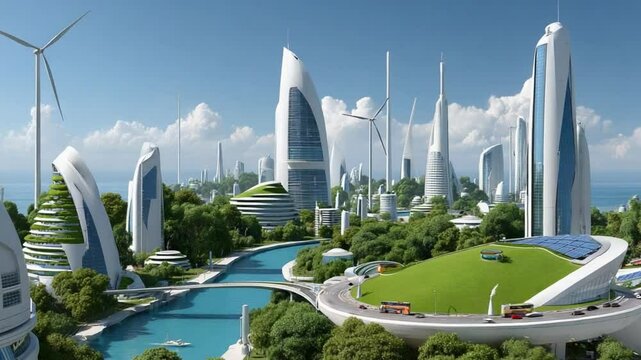 Eco-Friendly Metropolis: A futuristic city seamlessly blends innovative architecture with lush green spaces, showcasing a harmonious coexistence of urban development and nature.