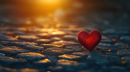 Fototapeta premium Warmth of Affection, Red Heart on Cobblestone bathed in Golden Sunset