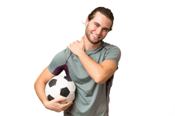 Young handsome football player man over isolated background laughing