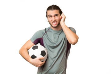 Young handsome football player man over isolated background frustrated and covering ears