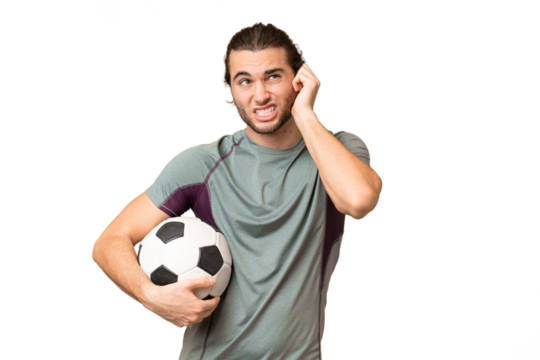 Young handsome football player man over isolated background frustrated and covering ears