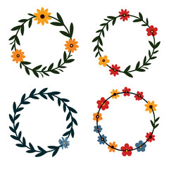 Wreath flowers circle Scandinavian style, Set of floral elements, Round floral frame