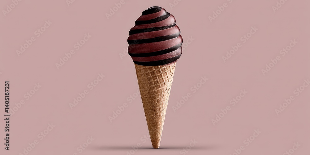 Poster melting chocolate swirl cone in center focus on bright neutral background emphasizing glossy dessert
